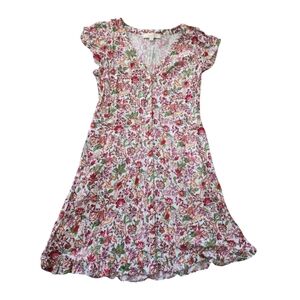 LOFT Pink & Green Floral V-Neck Dress | Size: 4